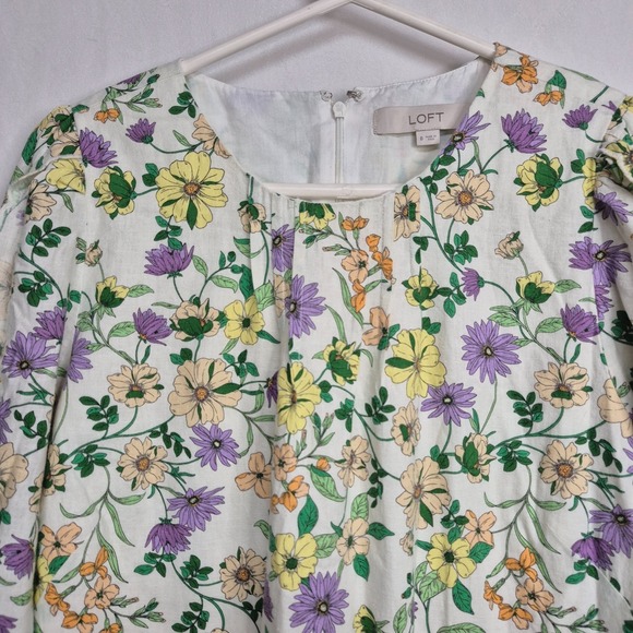LOFT Women 8 Linen Blend Floral Long Sleeve Shift Dress Whisper White Romantic - Picture 3 of 11